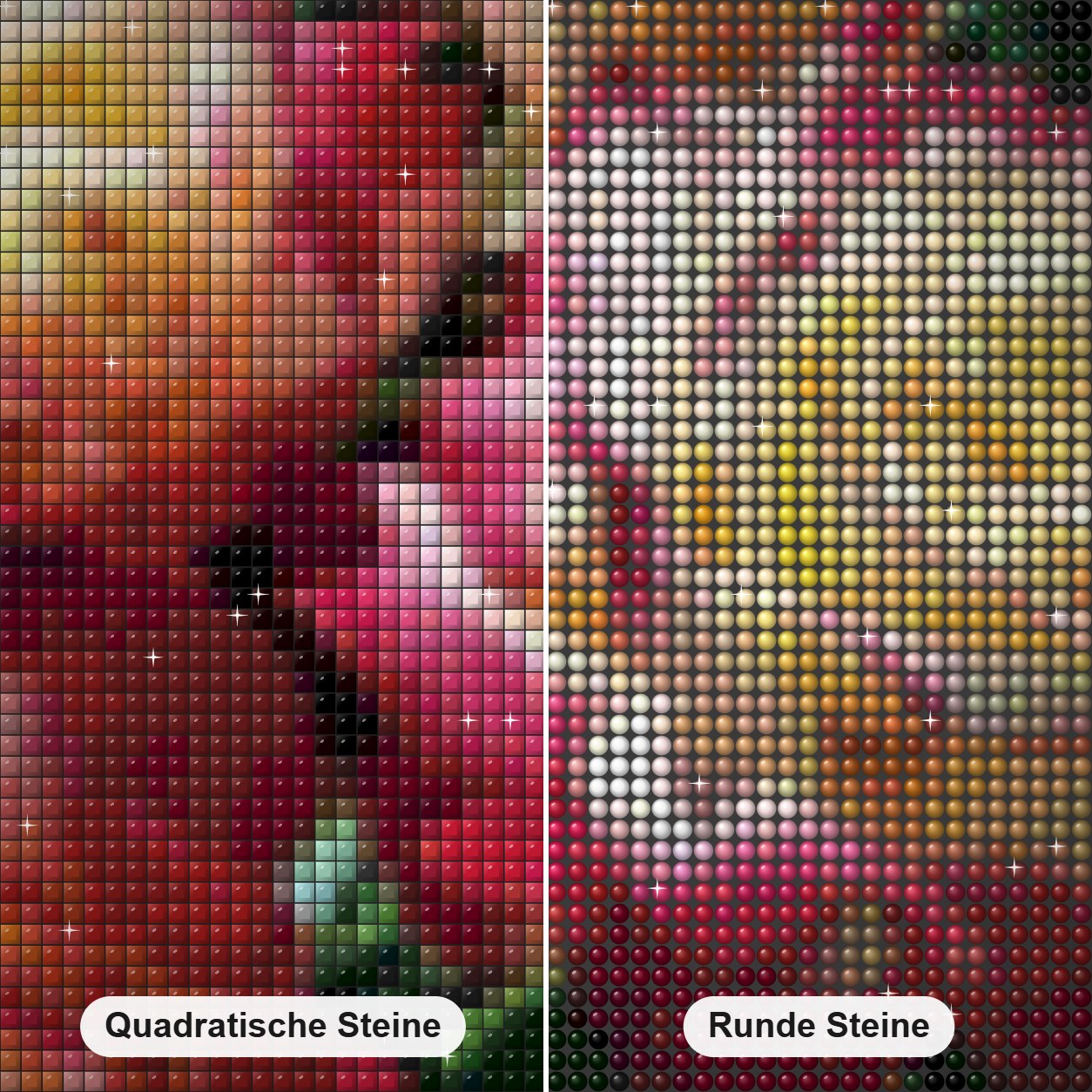 Wunderschöne Rosen Diamond Painting Nahaufnahme mit quadratischen und runden Steinen