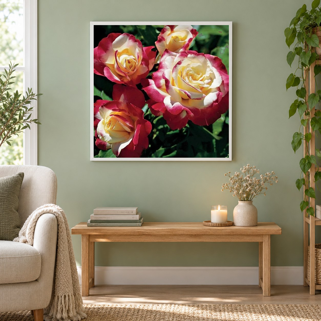 Wunderschöne Rosen als gerahmtes Diamond Painting im Wohnzimmer
