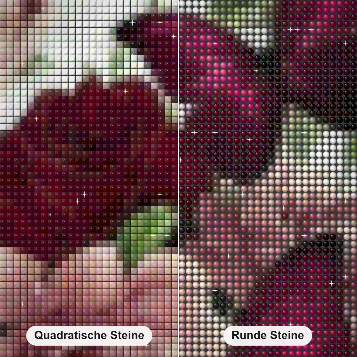 Wunderschöne Schmetterlinge & Rosen Diamond Painting Nahaufnahme mit quadratischen und runden Steinen