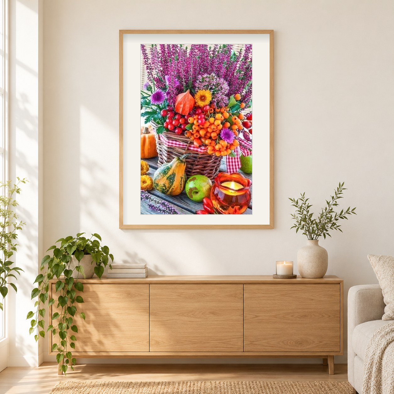 Wunderschöner Erntedankkorb als gerahmtes Diamond Painting im Wohnzimmer