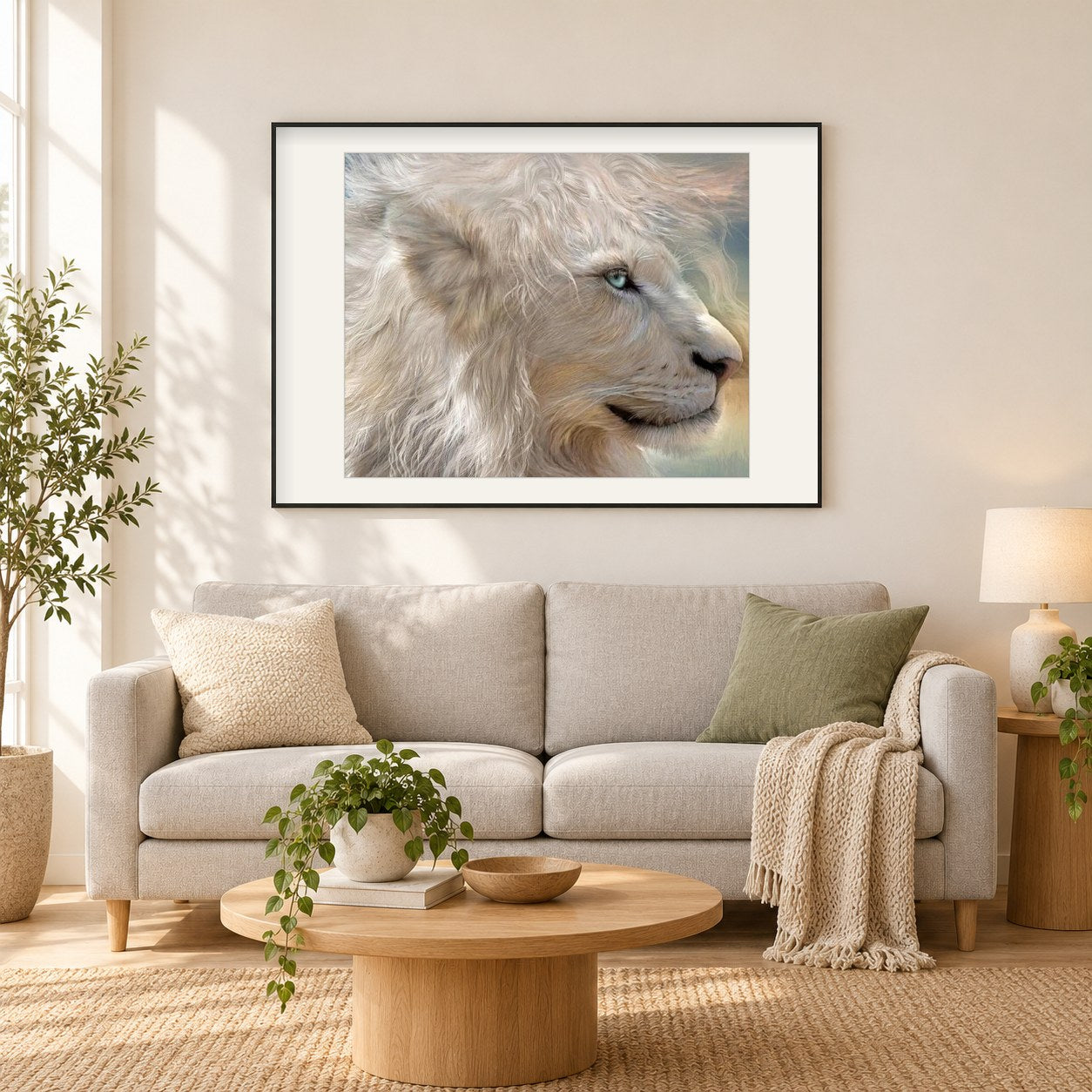 Wunderschöner weißer König der Löwen als gerahmtes Diamond Painting im Wohnzimmer