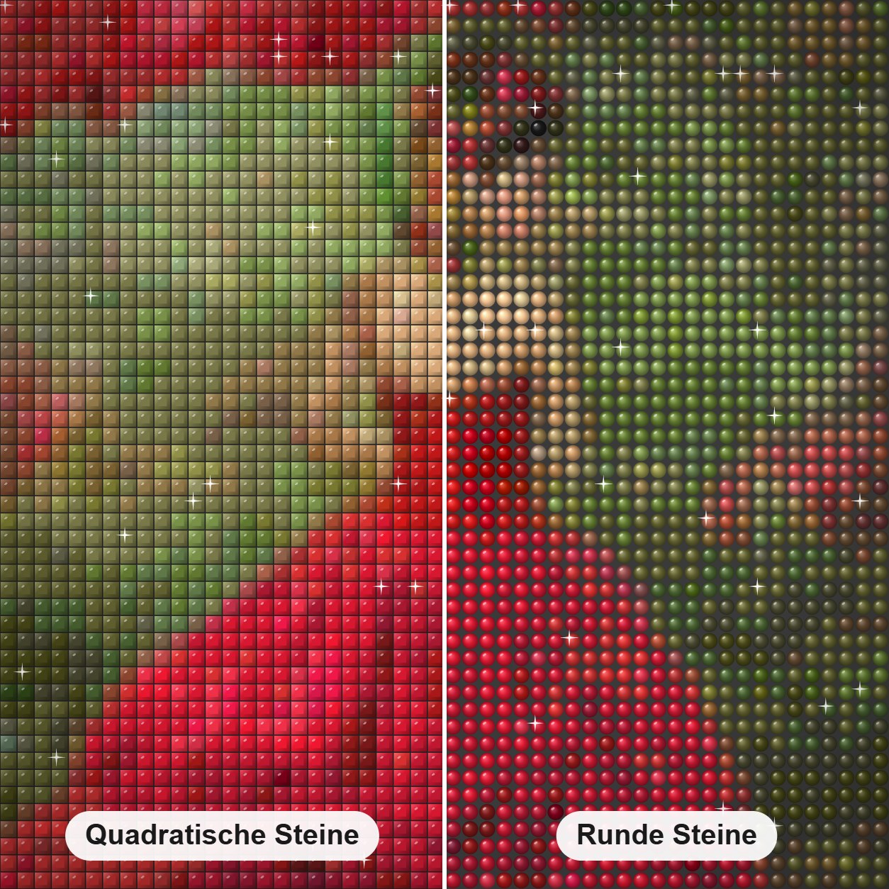 Wunderschönes Mädchen im Rosenkleid Diamond Painting Nahaufnahme mit quadratischen und runden Steinen