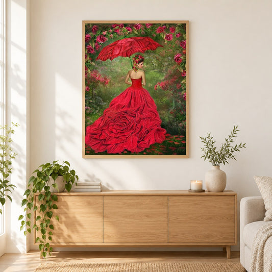 Wunderschönes Mädchen im Rosenkleid als gerahmtes Diamond Painting im Wohnzimmer