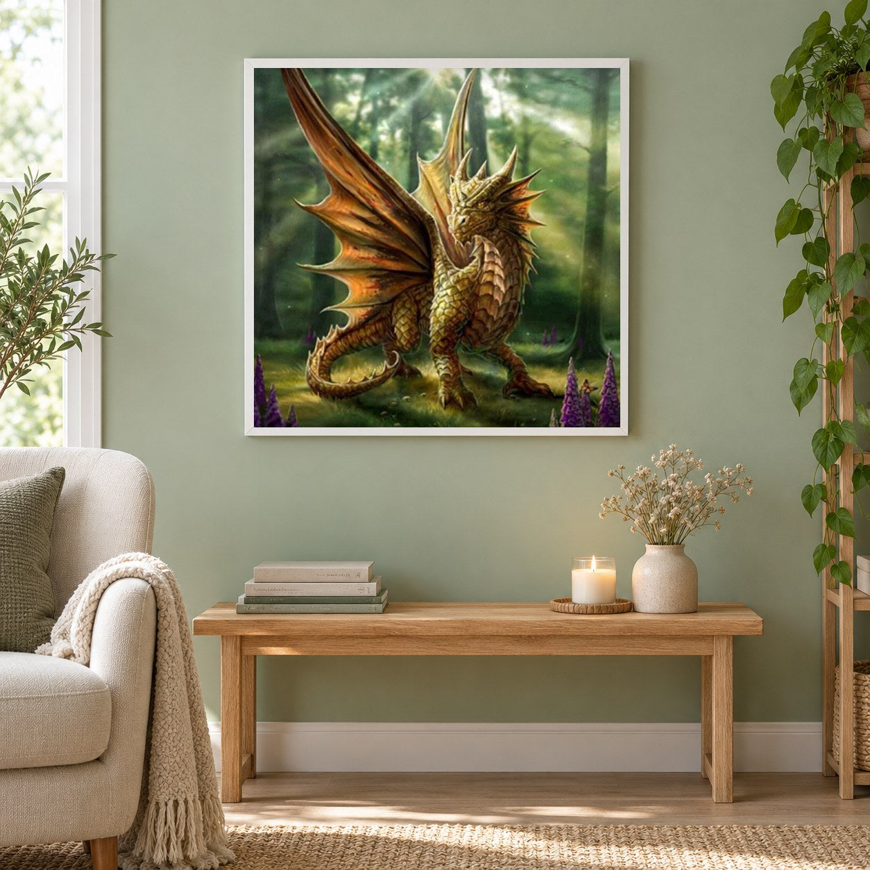 Wütender Drache als gerahmtes Diamond Painting im Wohnzimmer