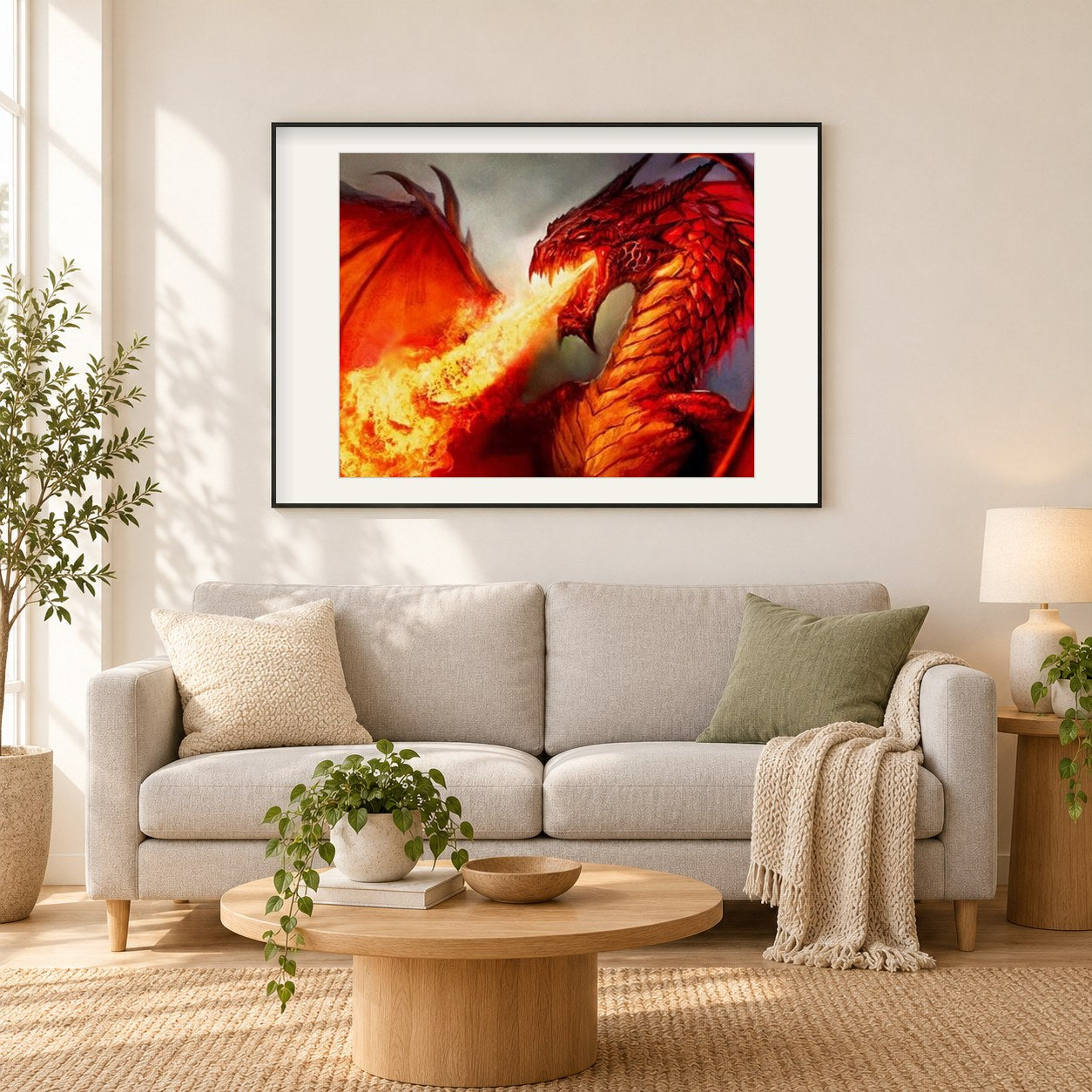 Wütender Drache als gerahmtes Diamond Painting im Wohnzimmer