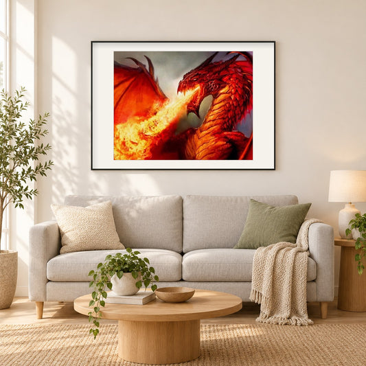 Wütender Drache als gerahmtes Diamond Painting im Wohnzimmer