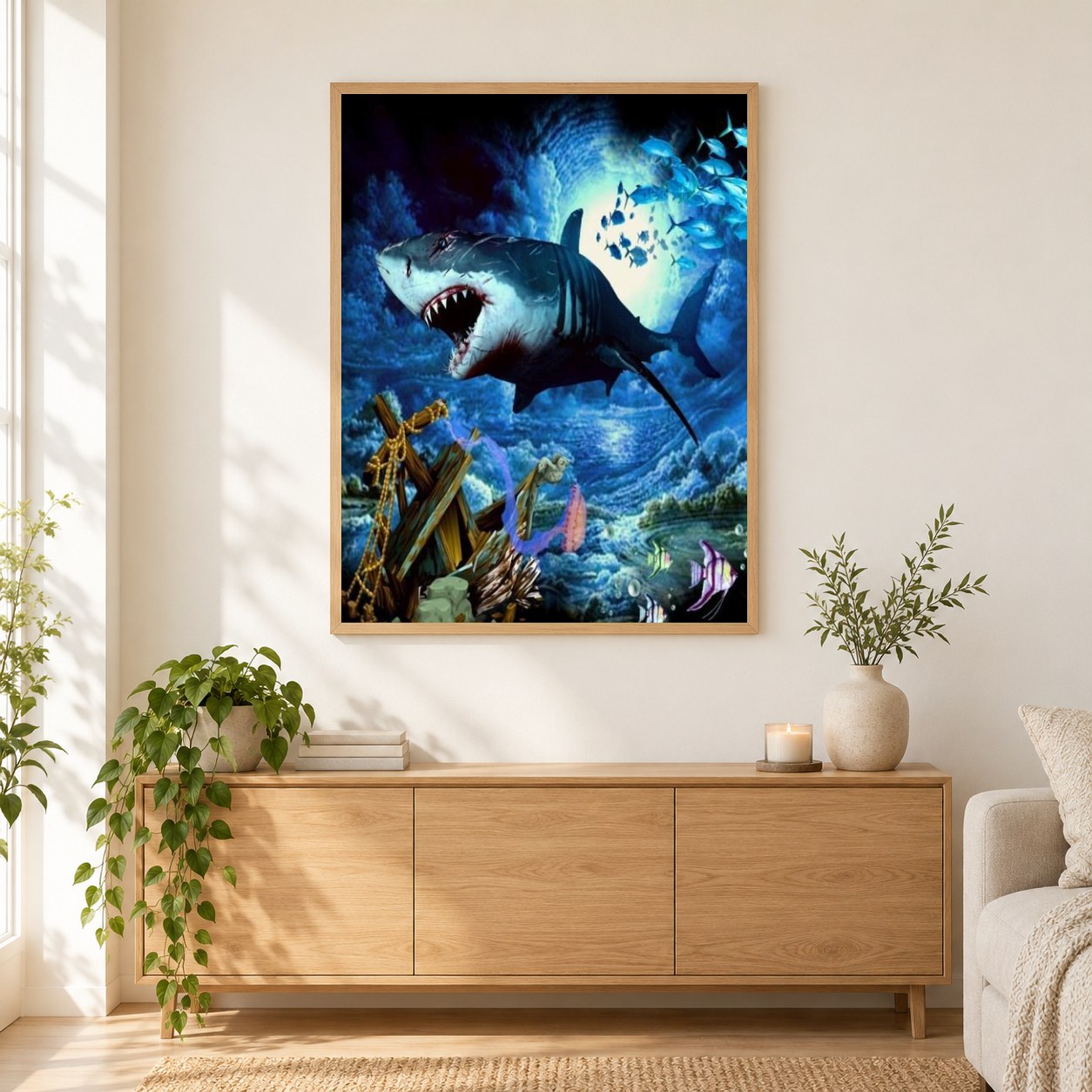 Wütender Hai als gerahmtes Diamond Painting im Wohnzimmer