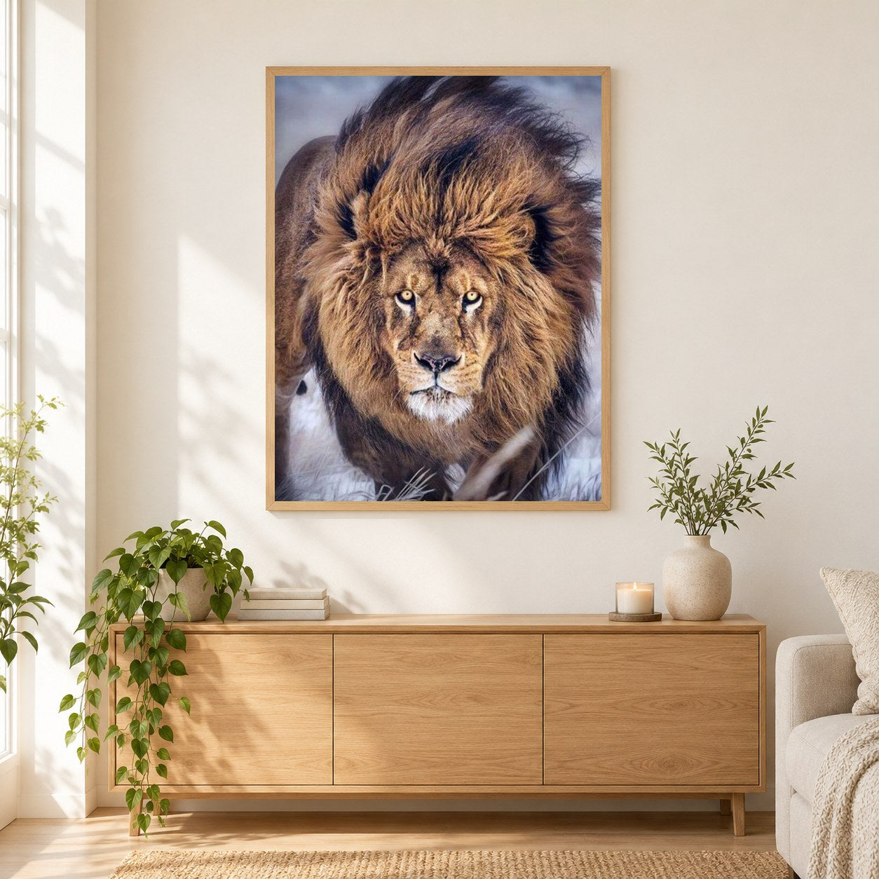 Wütender Löwe als gerahmtes Diamond Painting im Wohnzimmer