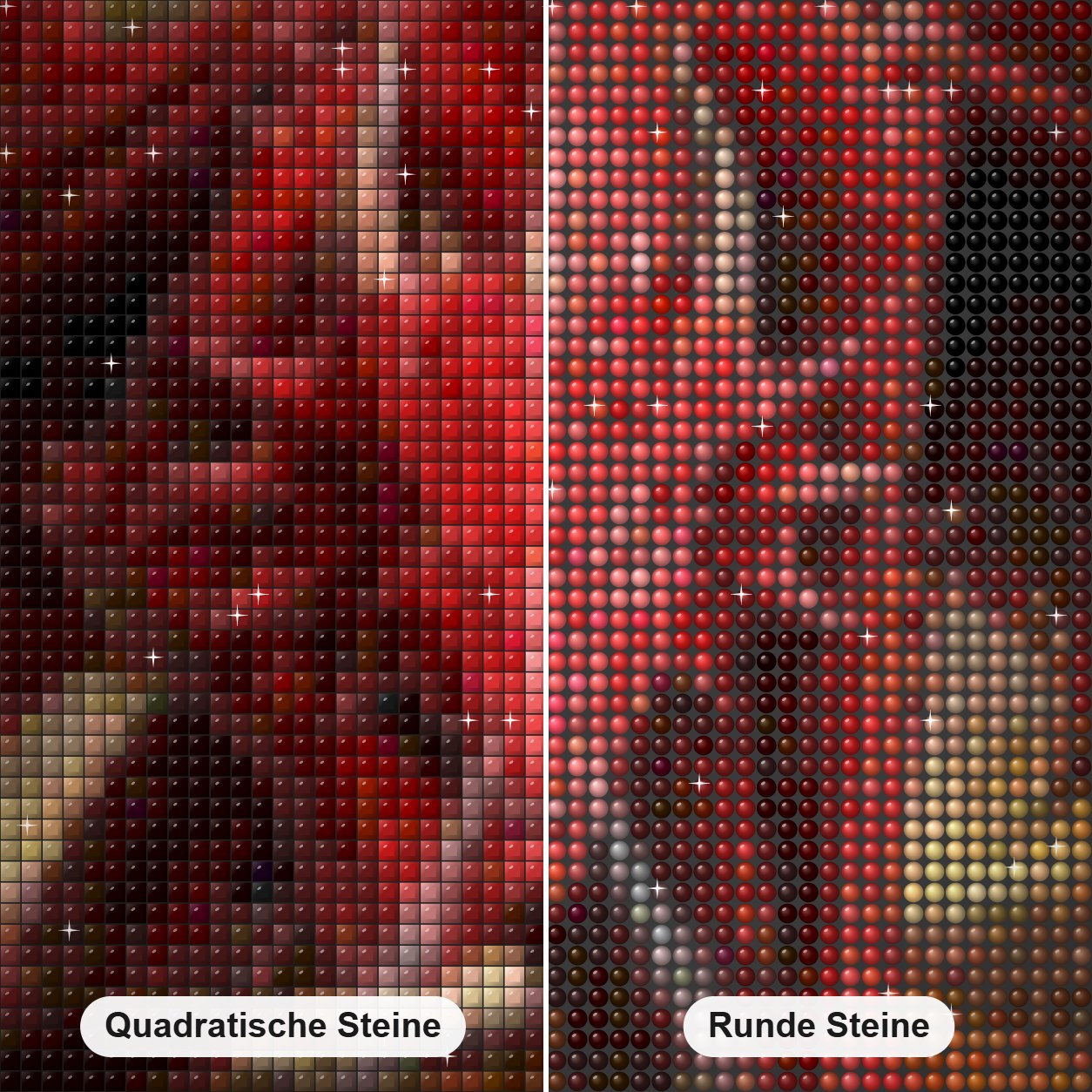 Wütender roter Drache Diamond Painting Nahaufnahme mit quadratischen und runden Steinen