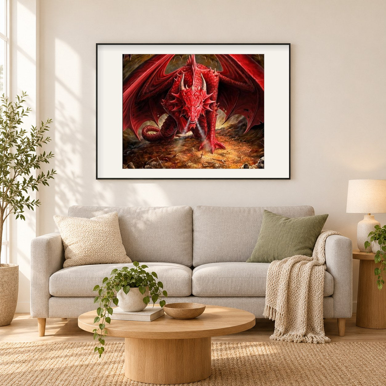 Wütender roter Drache als gerahmtes Diamond Painting im Wohnzimmer