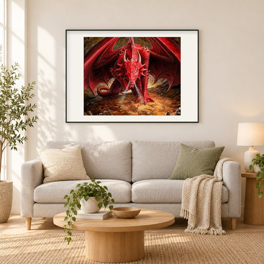 Wütender roter Drache als gerahmtes Diamond Painting im Wohnzimmer