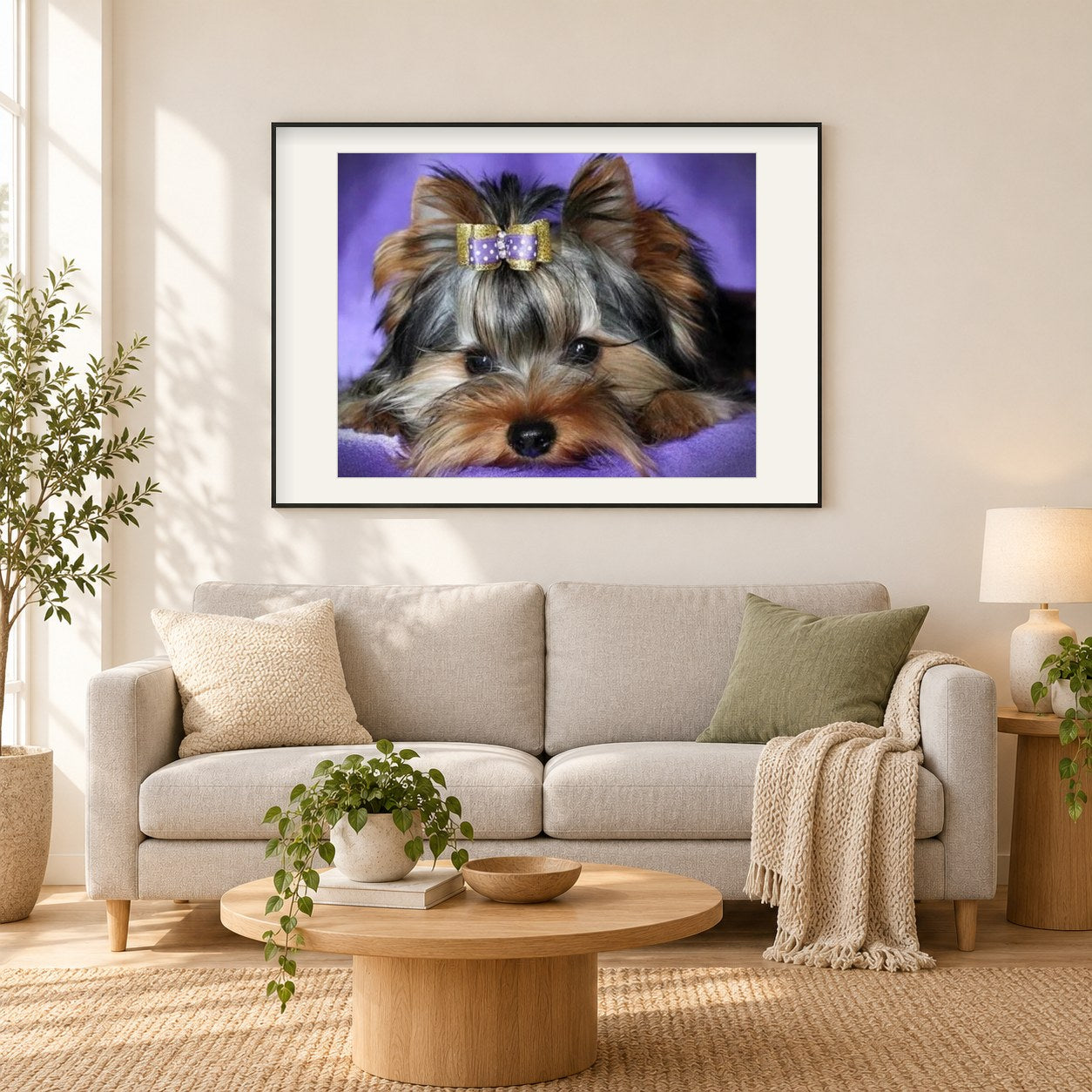 Yorkshire Terrier als gerahmtes Diamond Painting im Wohnzimmer