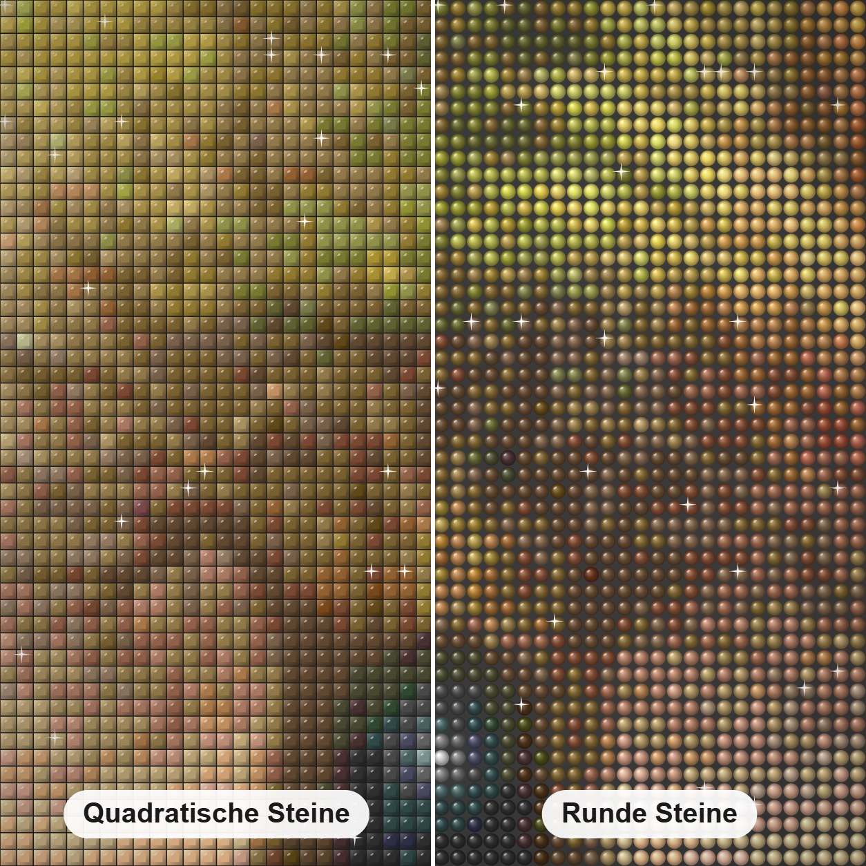 Zaubererbaum Diamond Painting Nahaufnahme mit quadratischen und runden Steinen