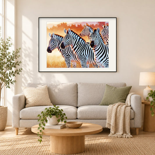 Zebras als gerahmtes Diamond Painting im Wohnzimmer