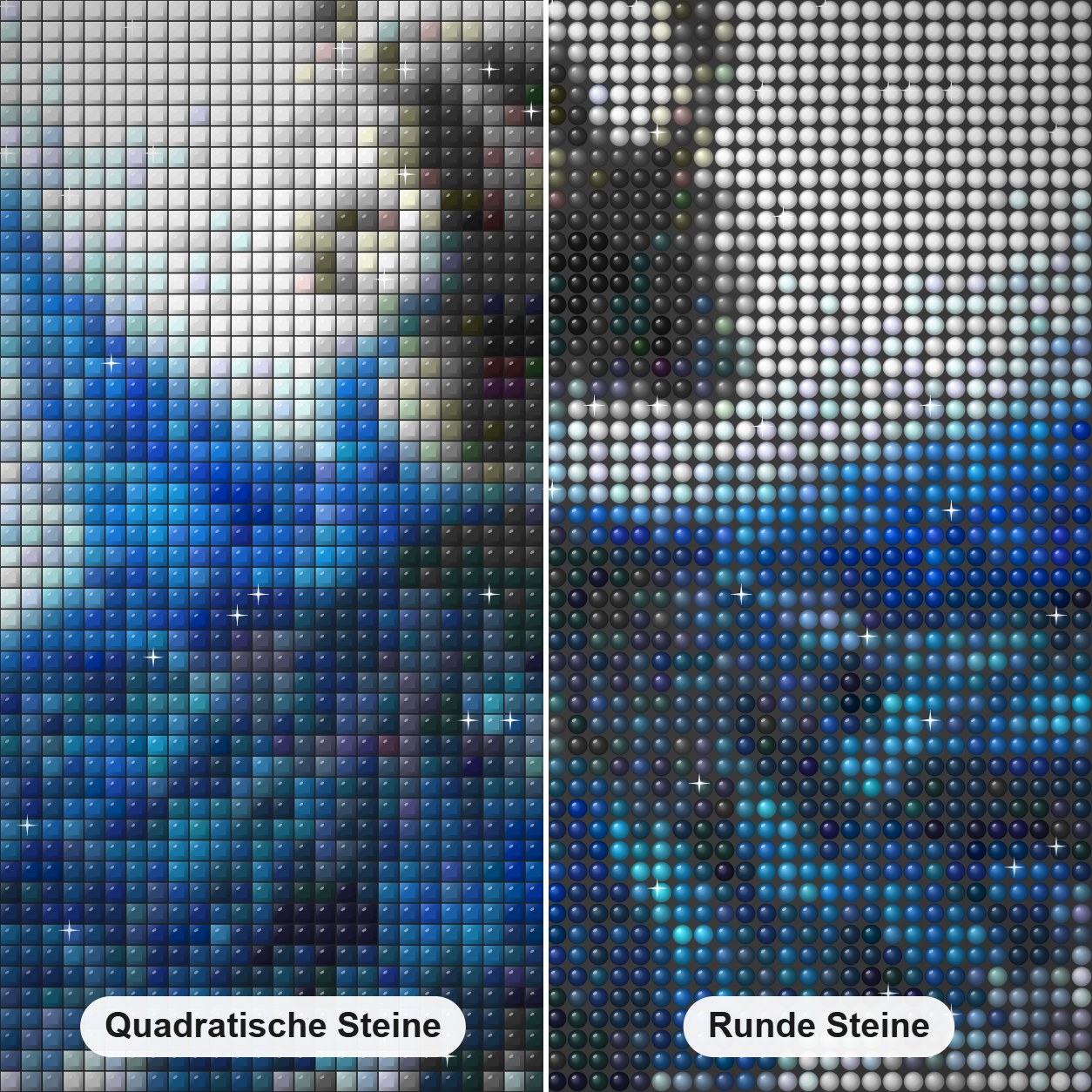 Zeitgenössische Tanzkunst Diamond Painting Nahaufnahme mit quadratischen und runden Steinen