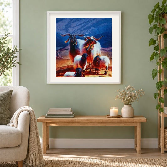 Ziegenfamilie als gerahmtes Diamond Painting im Wohnzimmer