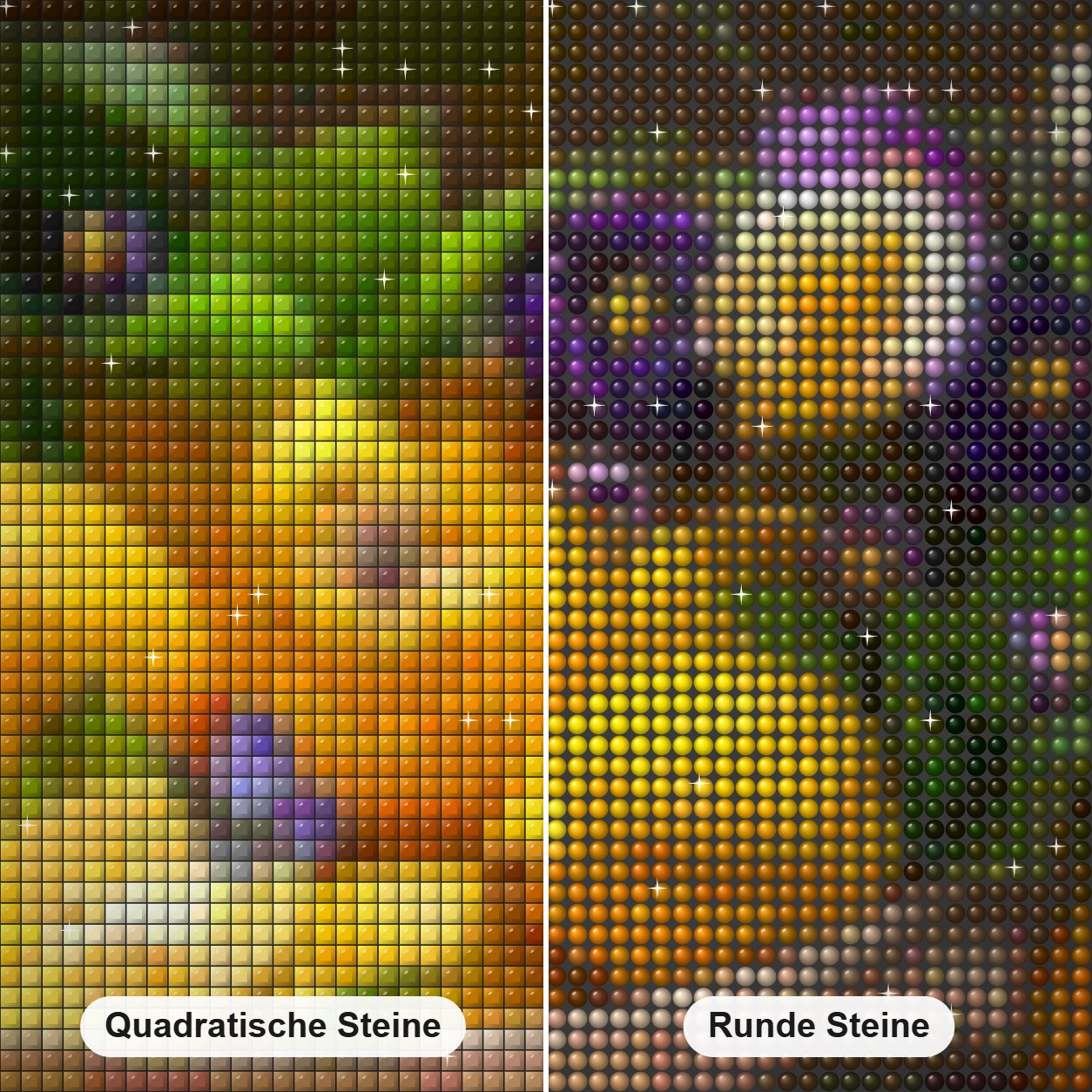 Zitronen und Blumen Diamond Painting Nahaufnahme mit quadratischen und runden Steinen