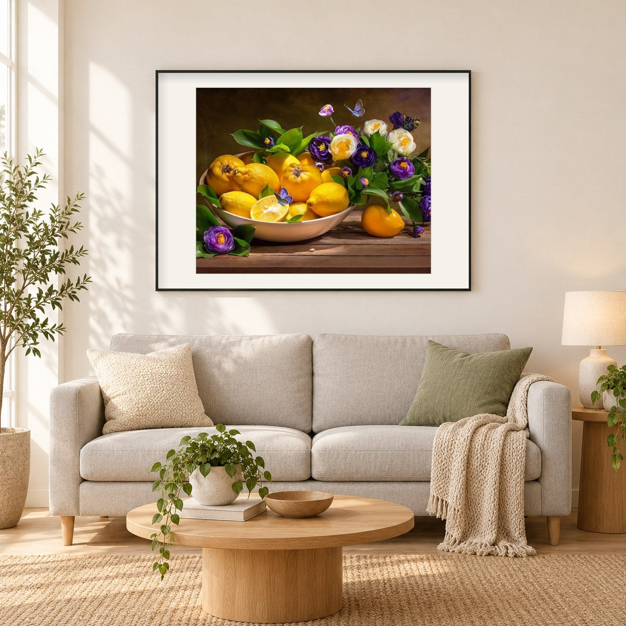 Zitronen und Blumen als gerahmtes Diamond Painting im Wohnzimmer