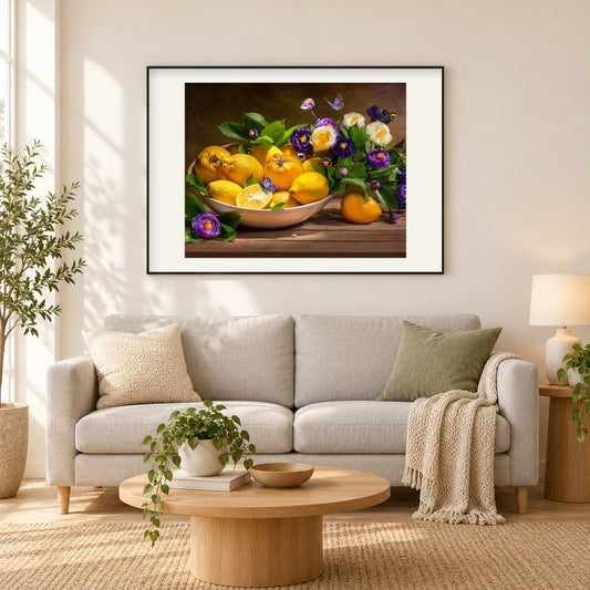 Zitronen und Blumen als gerahmtes Diamond Painting im Wohnzimmer