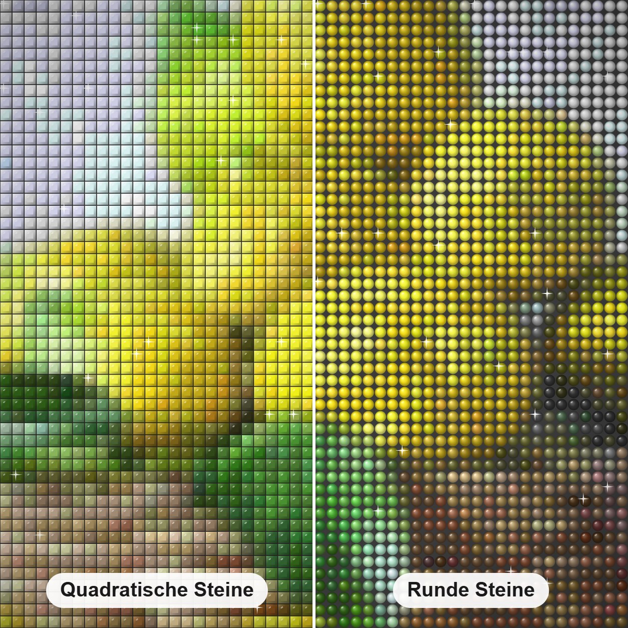 Zitronenkorb Diamond Painting Nahaufnahme mit quadratischen und runden Steinen
