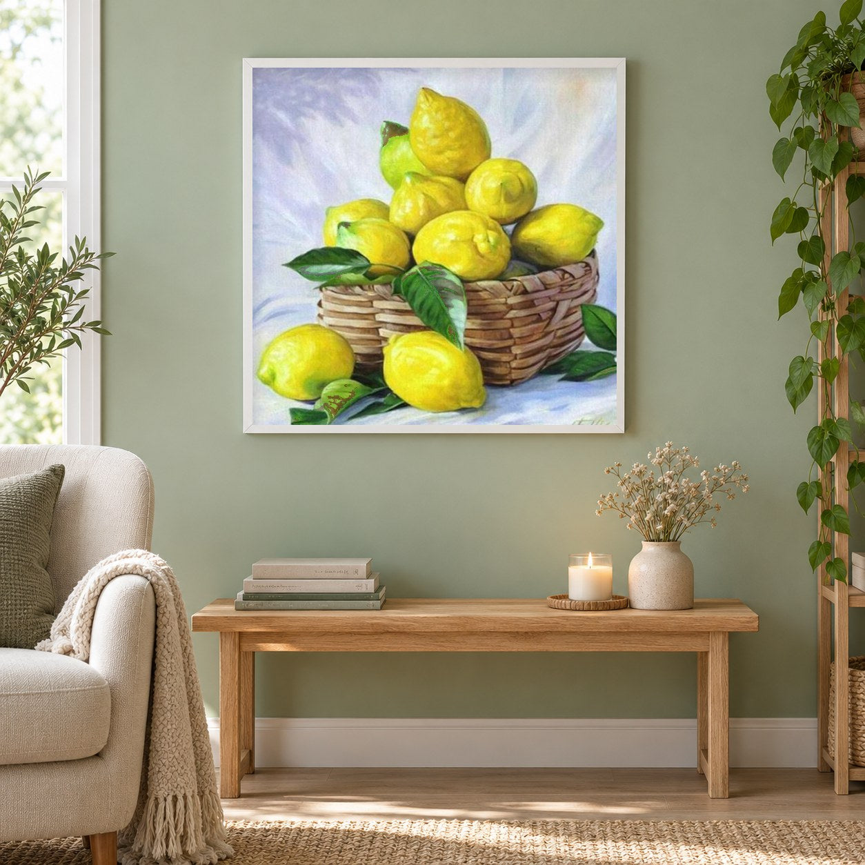 Zitronenkorb als gerahmtes Diamond Painting im Wohnzimmer