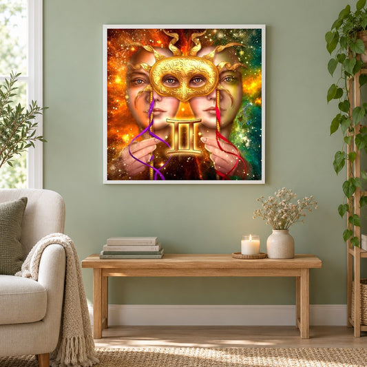 Zodiac Gemini als gerahmtes Diamond Painting im Wohnzimmer