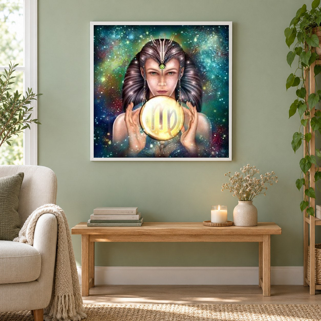 Zodiac Jungfrau als gerahmtes Diamond Painting im Wohnzimmer