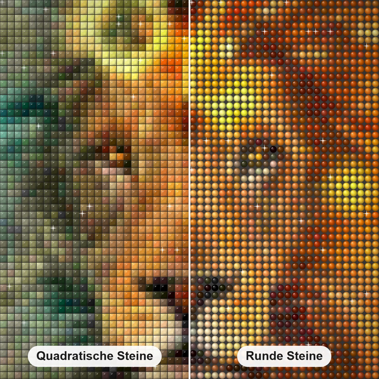 Zodiac Leo Diamond Painting Nahaufnahme mit quadratischen und runden Steinen