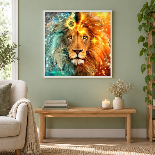 Zodiac Leo als gerahmtes Diamond Painting im Wohnzimmer
