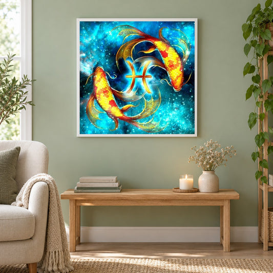 Zodiac Pisces als gerahmtes Diamond Painting im Wohnzimmer