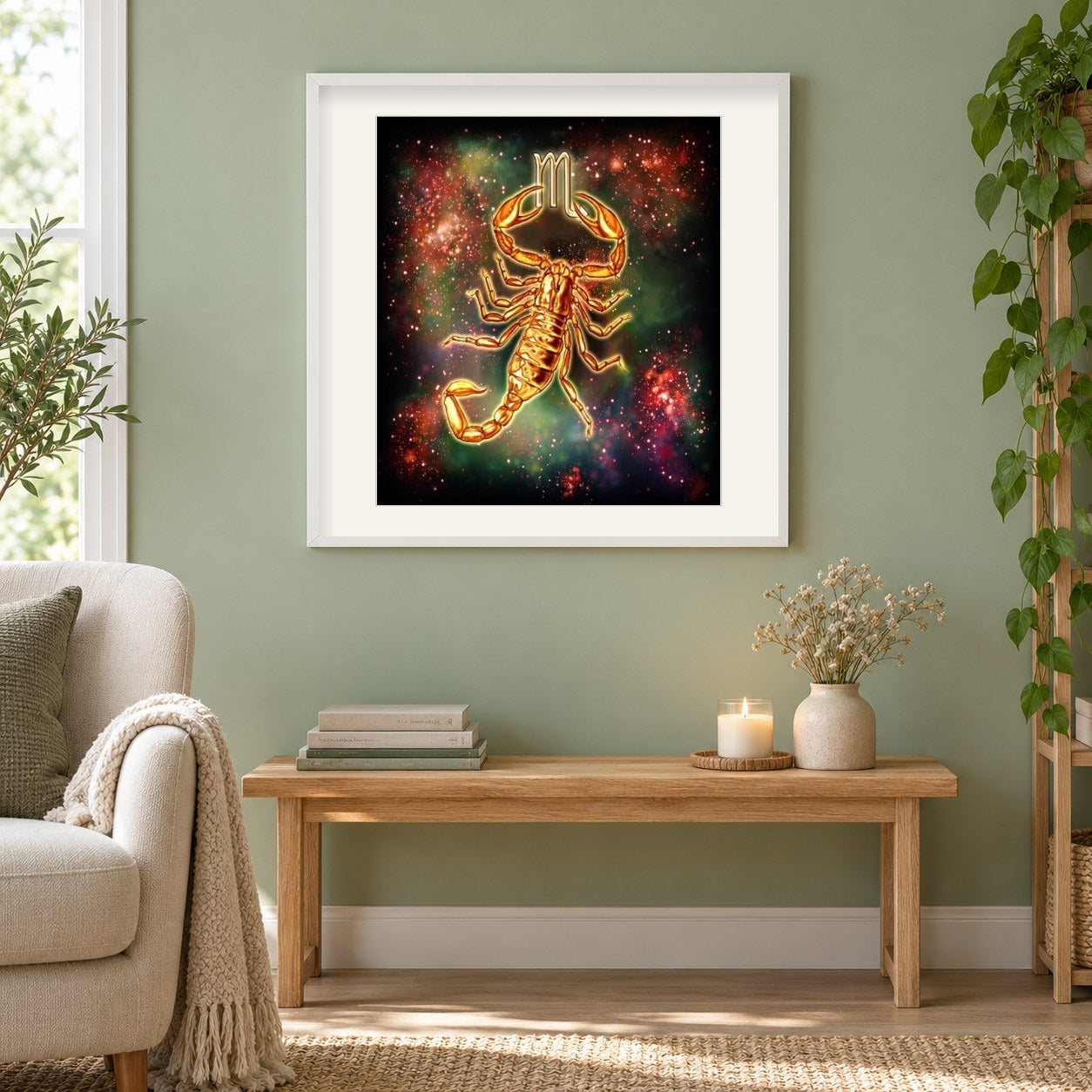 Zodiac Scorpio als gerahmtes Diamond Painting im Wohnzimmer