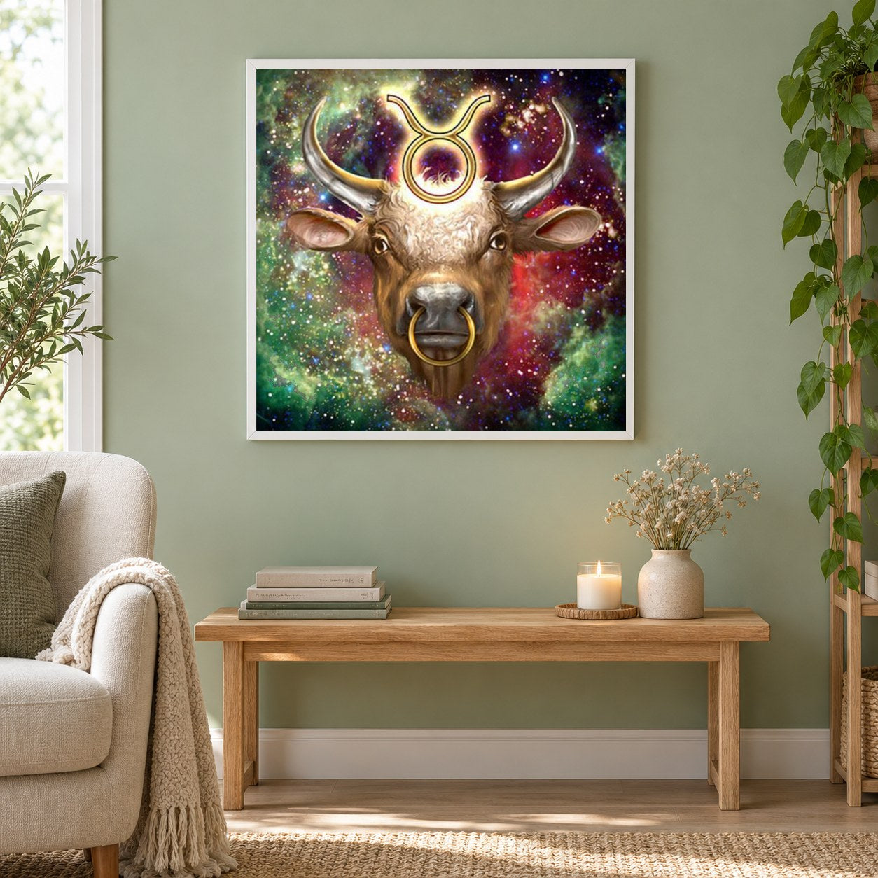 Zodiac Taurus als gerahmtes Diamond Painting im Wohnzimmer