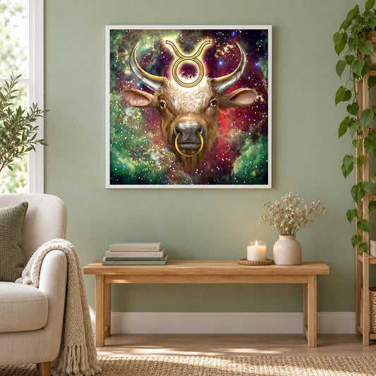Zodiac Taurus als gerahmtes Diamond Painting im Wohnzimmer