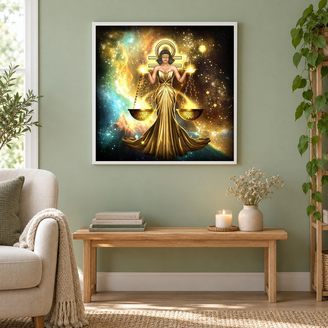 Zodiac Waage als gerahmtes Diamond Painting im Wohnzimmer