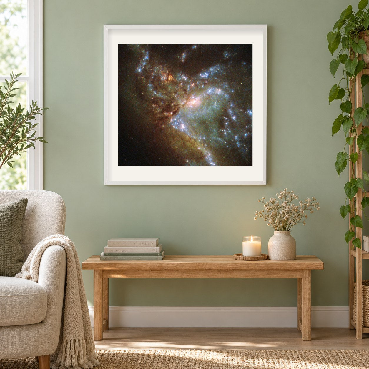 Zwei Galaxien verschmelzen als gerahmtes Diamond Painting im Wohnzimmer