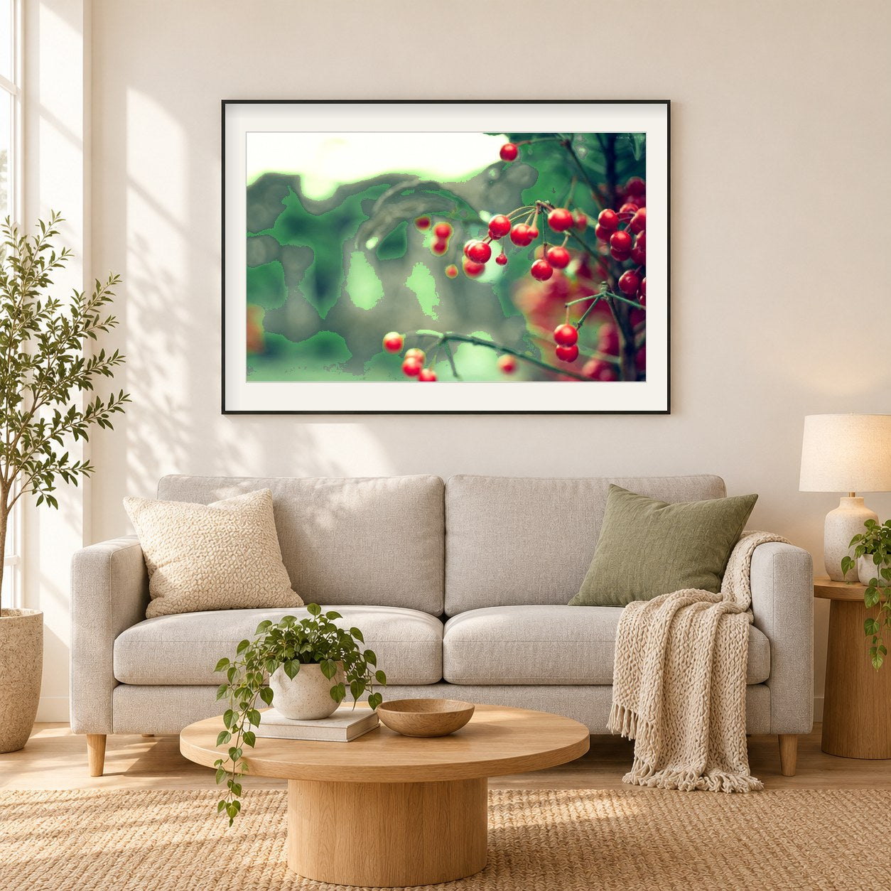 Zweig rote Beeren Blätter als gerahmtes Diamond Painting im Wohnzimmer