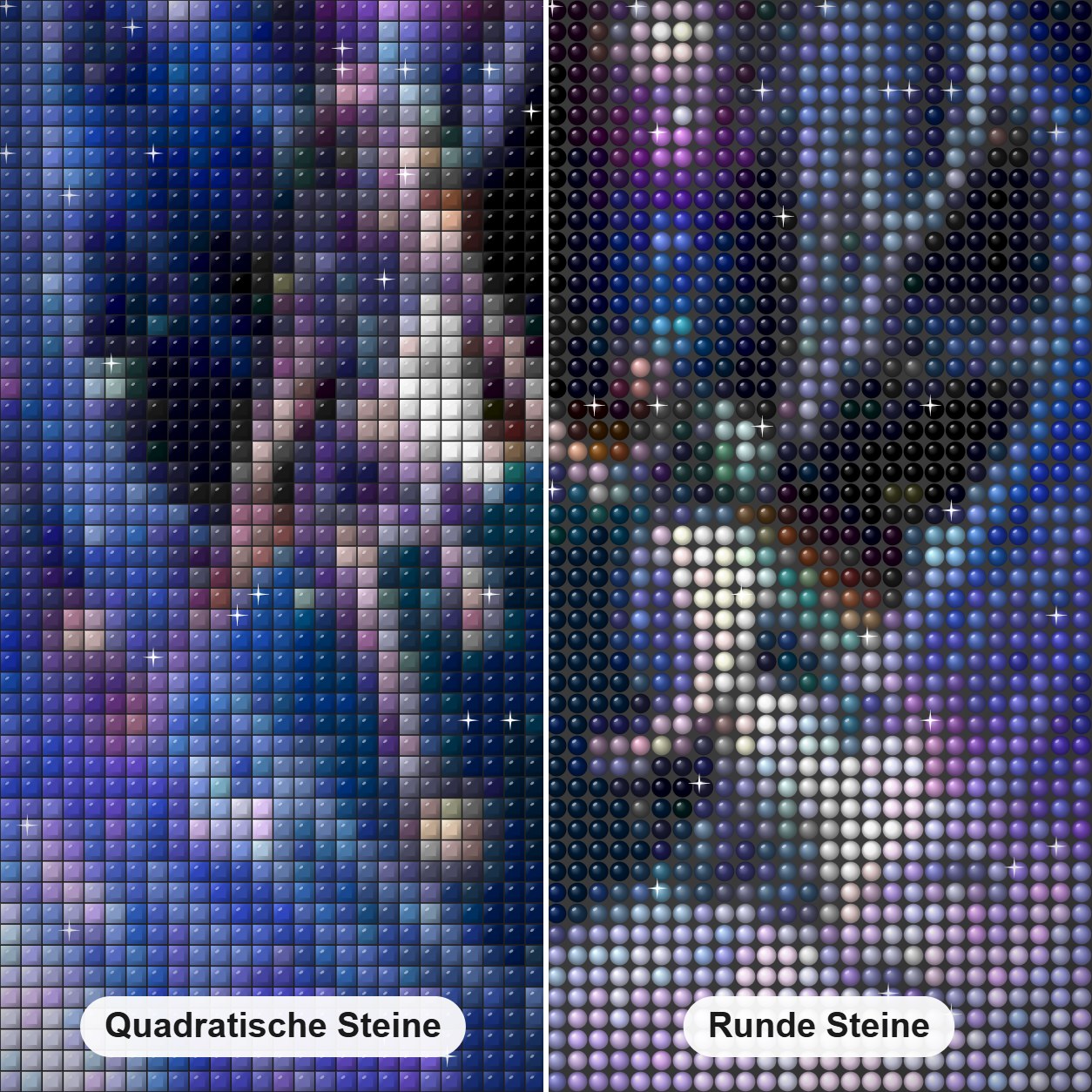 Zwillinge Tierkreis Diamond Painting Nahaufnahme mit quadratischen und runden Steinen