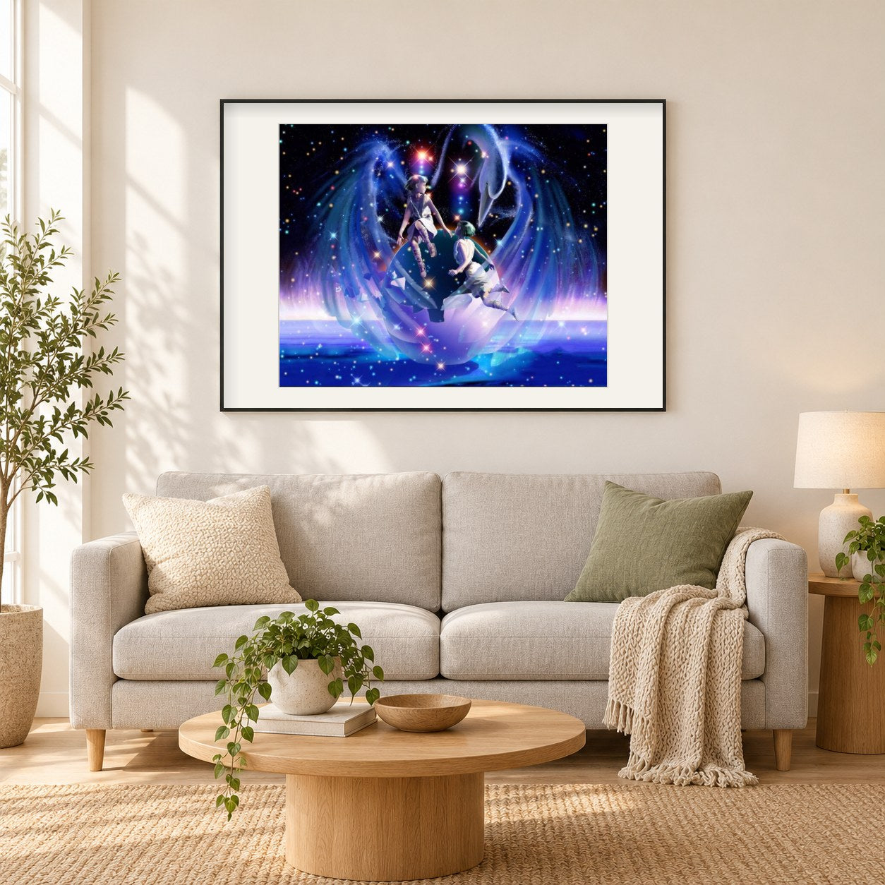 Zwillinge Tierkreis als gerahmtes Diamond Painting im Wohnzimmer