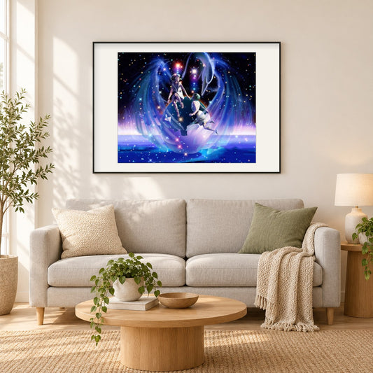 Zwillinge Tierkreis als gerahmtes Diamond Painting im Wohnzimmer