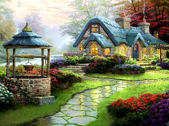 Schönes Haus & Wasserbrunnen im Garten - Diamond Painting