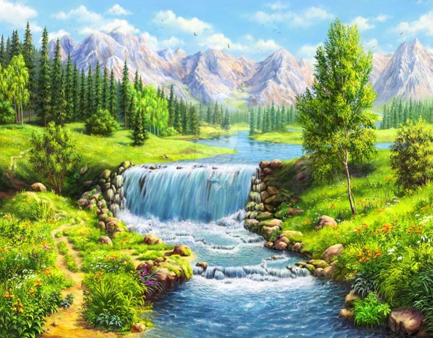 Schöne Berge und fließender Wasser Strom - Diamond Painting