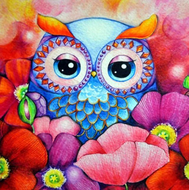 Cartoon Eule & Blumen - Diamond Painting