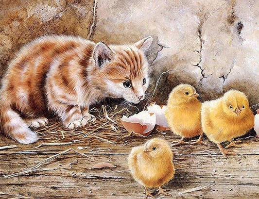 Katze & Küken - Farbe durch Diamanten - Diamond Painting