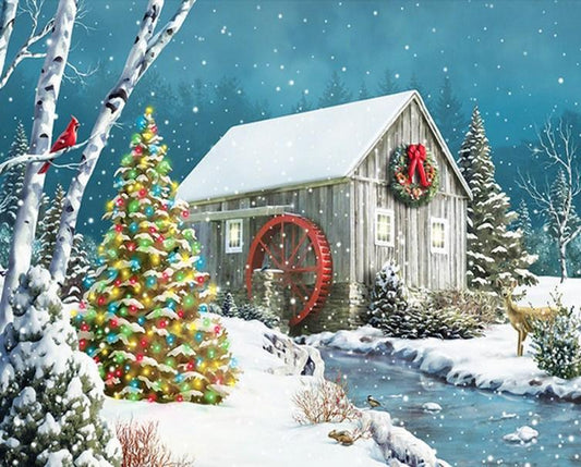 Weihnachtsbaum & Winterhütte - Diamond Painting