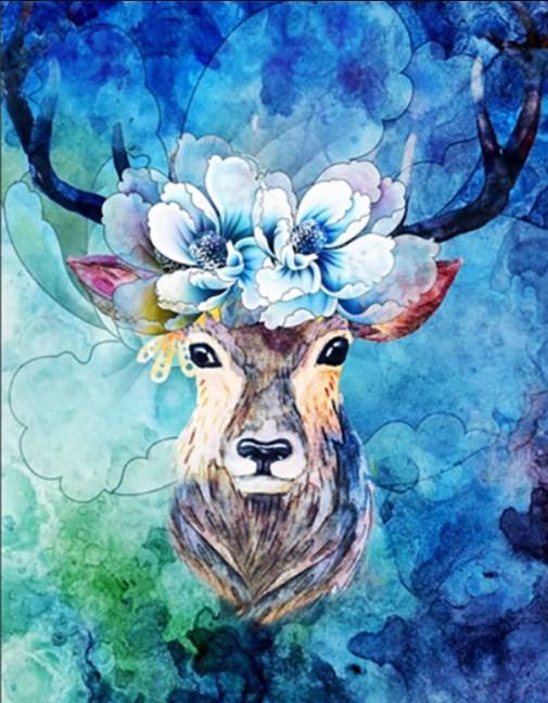 Hirsch mit Blumen Kopffarbe von Diamanten - Diamond Painting