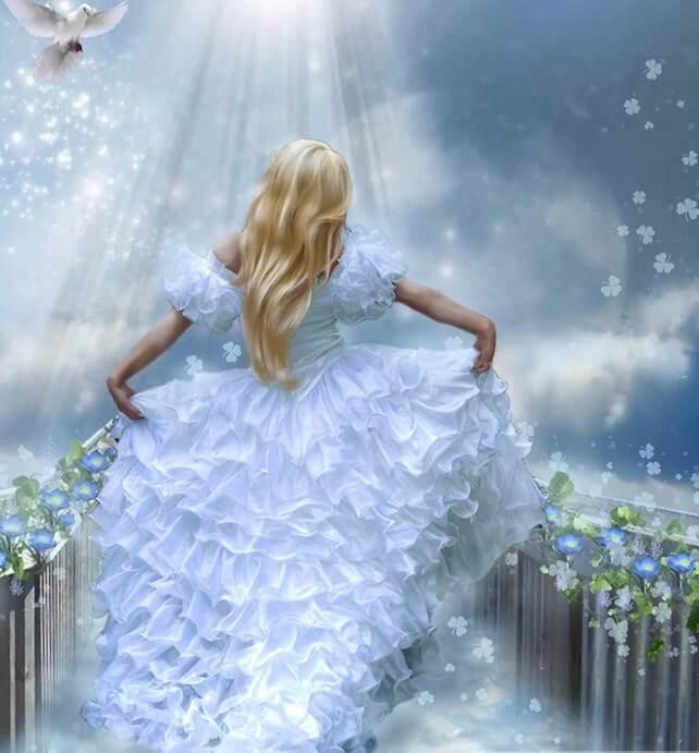 Mädchen, das im herrlichen weißen Kleid läuft - Diamond Painting