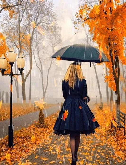Mädchen auf regnerischer Herbststraße - Diamond Painting