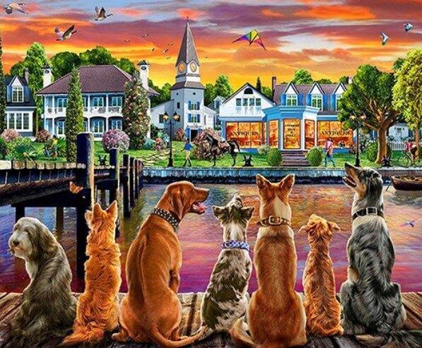 Gruppe von Hunden neben dem See - Diamond Painting