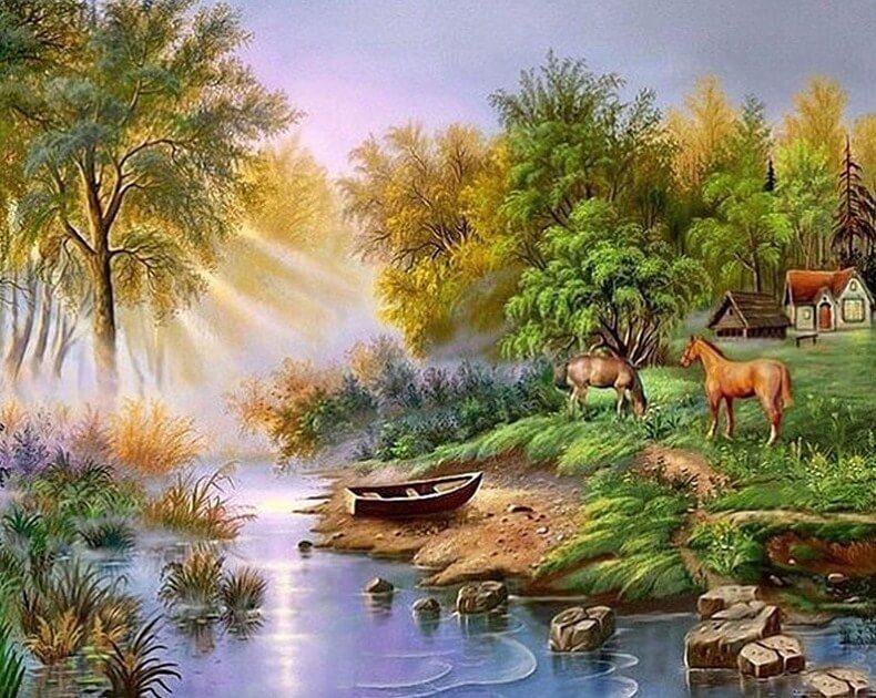 Pferde, die am See grasen - Diamond Painting