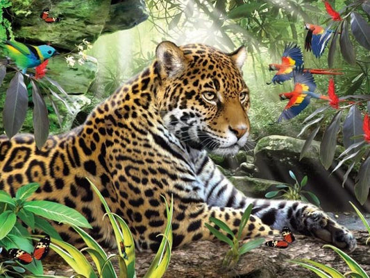 Leopard & afrikanische Papageien - Diamond Painting